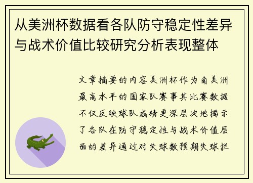 从美洲杯数据看各队防守稳定性差异与战术价值比较研究分析表现整体 从美洲杯数据看各队防守稳定性差异与战术价值比较研究分析表现整体